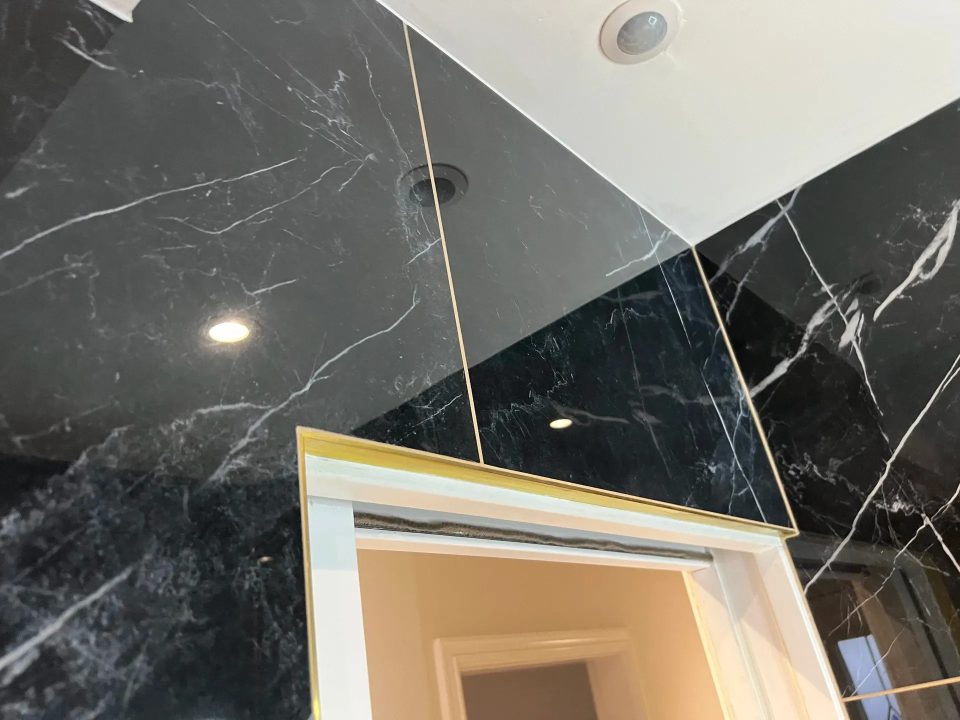 Black marble-effect tiling with a brass-framed mirror in a cloakroom